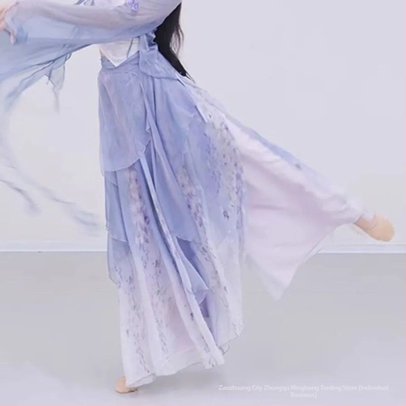 Costum nou de dans clasic cu tul gradient violet și fluturi, pentru reprezentații și repetiții de dans chinezesc
