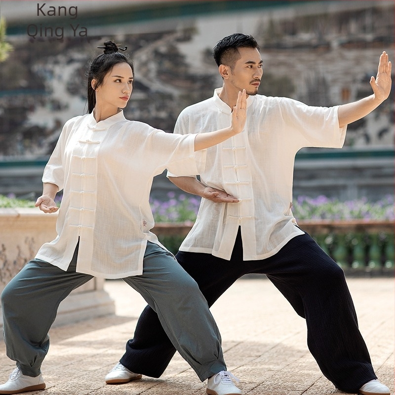 Set Tai Chi - mâneci scurte, unisex, croială lejeră, pentru adulți, antrenament și reprezentații Wu Shu, material din bumbac amestecat cu căptușeală de bumbac