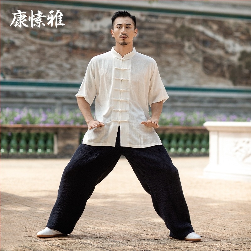 Set Tai Chi - mâneci scurte, unisex, croială lejeră, pentru adulți, antrenament și reprezentații Wu Shu, material din bumbac amestecat cu căptușeală de bumbac