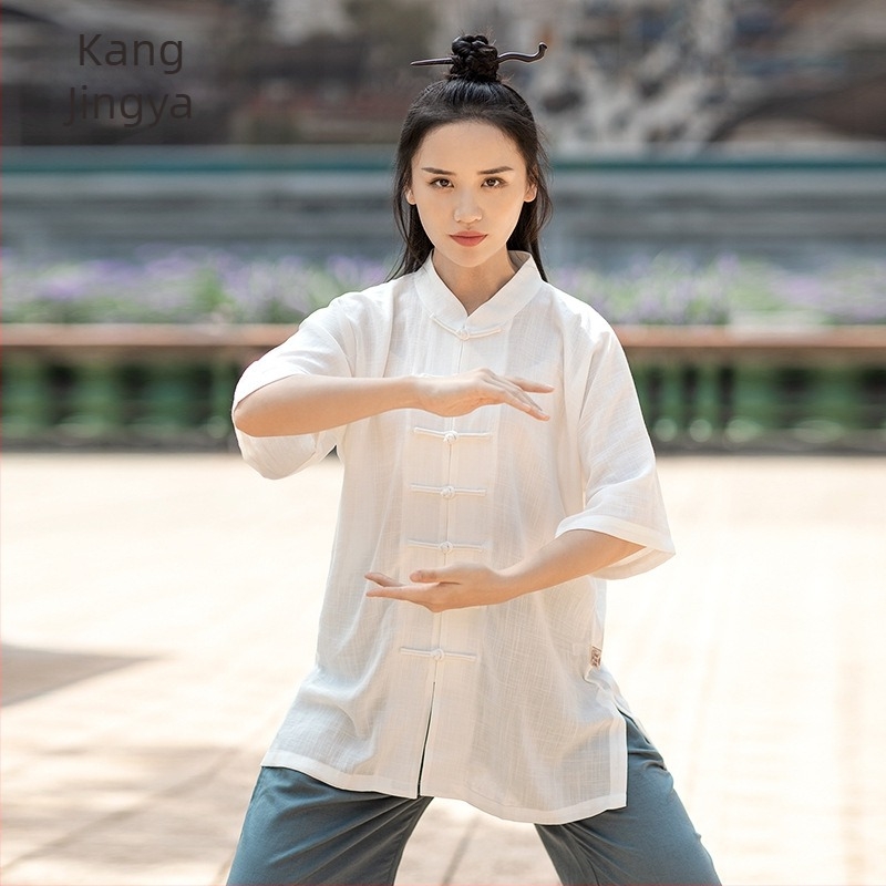 Set Tai Chi - mâneci scurte, unisex, croială lejeră, pentru adulți, antrenament și reprezentații Wu Shu, material din bumbac amestecat cu căptușeală de bumbac