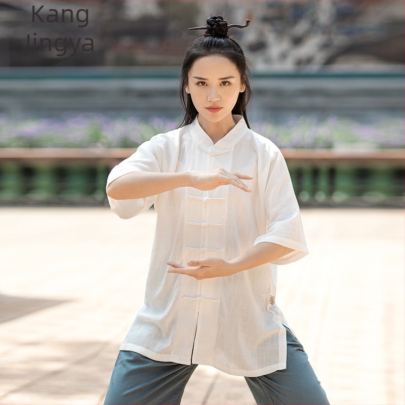 Set Tai Chi - mâneci scurte, unisex, croială lejeră, pentru adulți, antrenament și reprezentații Wu Shu, material din bumbac amestecat cu căptușeală de bumbac