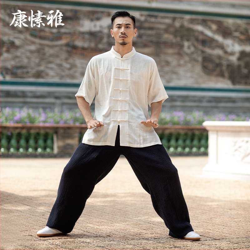 Set Tai Chi - mâneci scurte, unisex, croială lejeră, pentru adulți, antrenament și reprezentații Wu Shu, material din bumbac amestecat cu căptușeală de bumbac