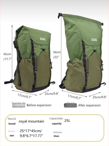 Rucsac outdoor ușor 25L, Roll-Top pliabil, impermeabil, respirabil, curele cu aer