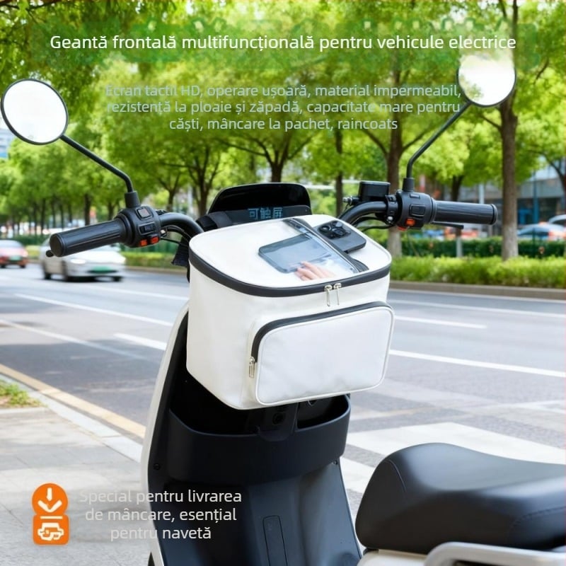 Geantă impermeabilă cu montaj frontal pentru biciclete electrice și scutere, compartiment de depozitare haine de ploaie
