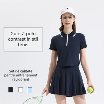 Set sport pentru femei pentru tenis și badminton, mâneci scurte, polo, șorturi, material nylon 80/20, vară