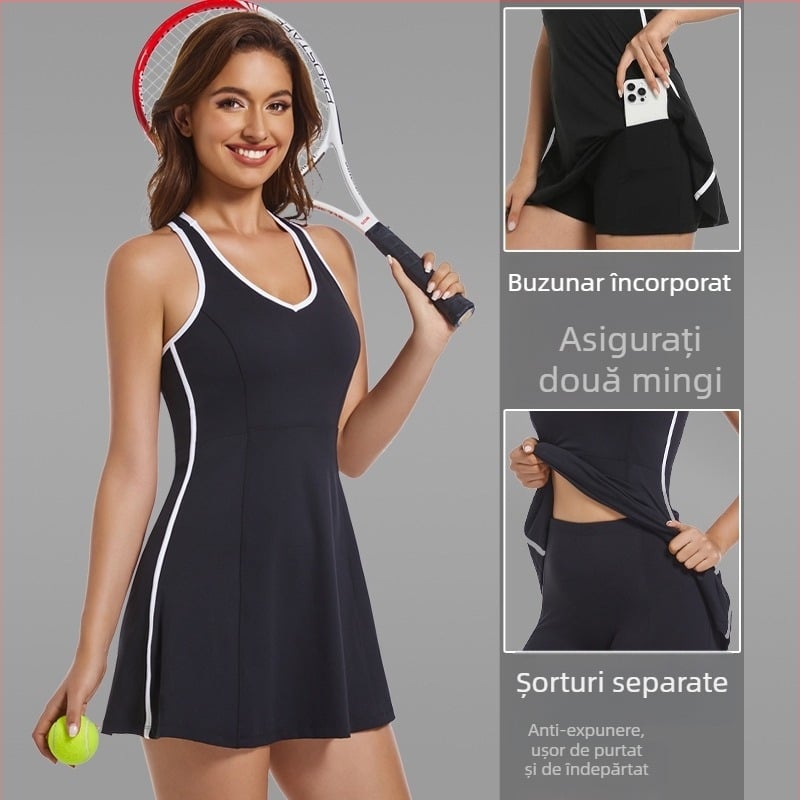 Rochie sport pentru antrenament cu protecție pentru bust, fără mâneci, monocromă; material: amestec de fibre chimice; exterior 78% nylon, căptușeală 22% spandex