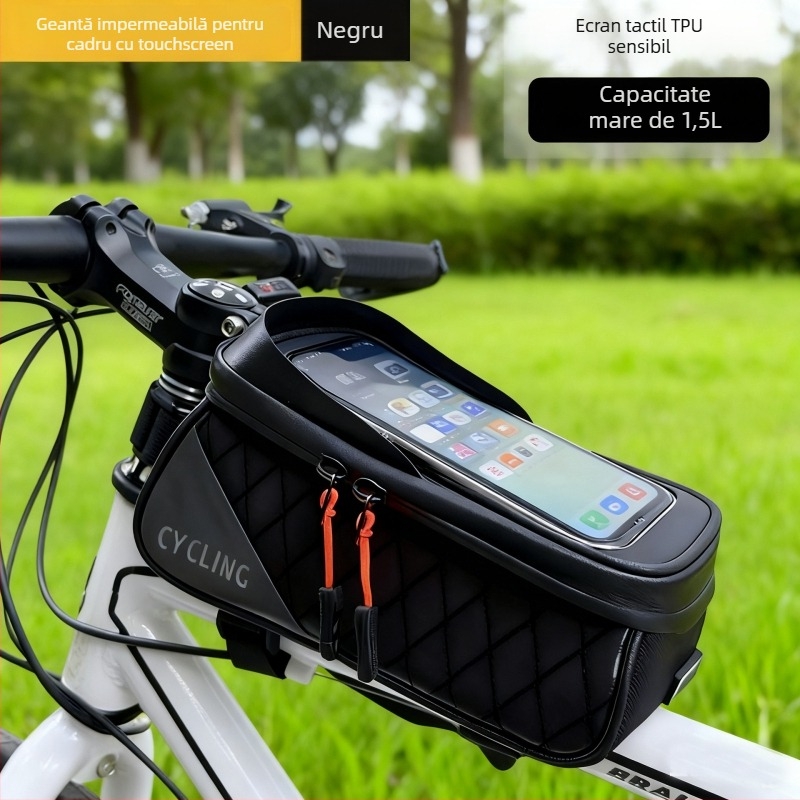 Geantă pentru bicicletă din piele sintetică, capacitate 1,5 L, model F001, pentru ghidon și tubul superior, spațiu de depozitare