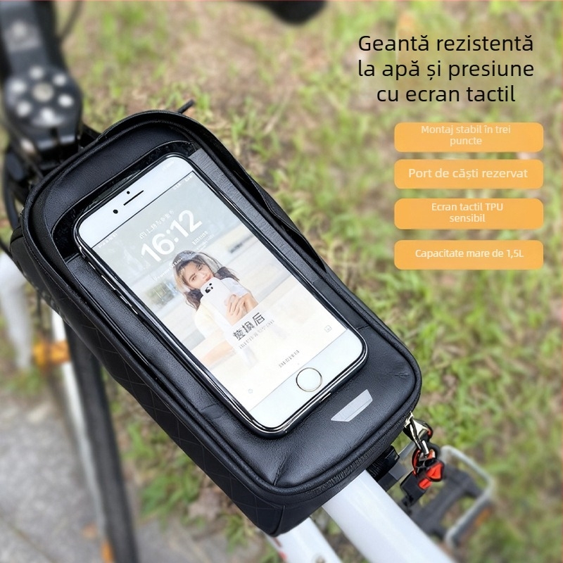 Geantă pentru bicicletă din piele sintetică, capacitate 1,5 L, model F001, pentru ghidon și tubul superior, spațiu de depozitare