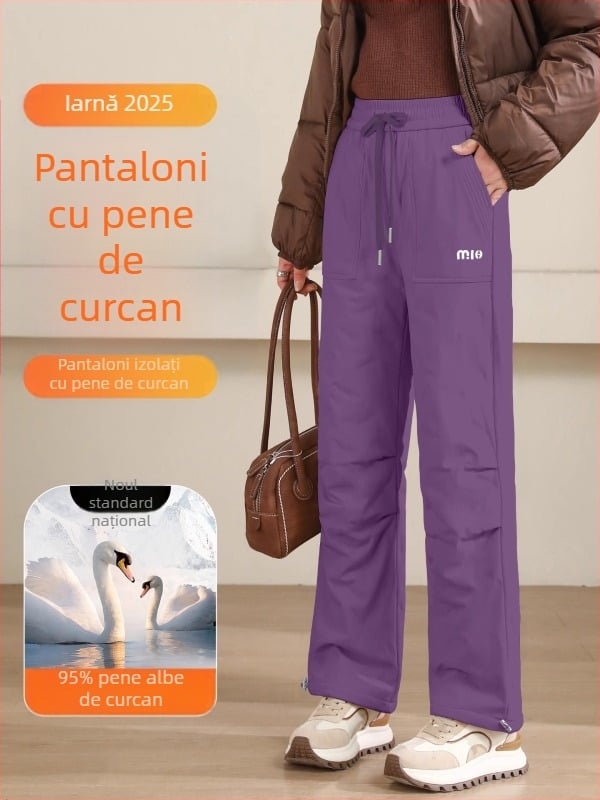 Pantaloni cu pene pentru femei, exterior din nailon, umplutură din puf alb de rață, talie înaltă, croială dreaptă, pantaloni groși de iarnă