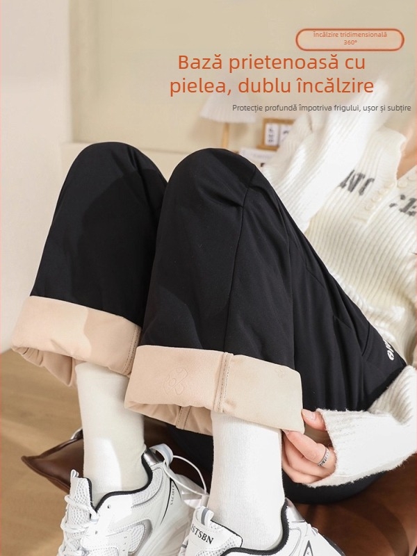 Pantaloni cu pene pentru femei, exterior din nailon, umplutură din puf alb de rață, talie înaltă, croială dreaptă, pantaloni groși de iarnă