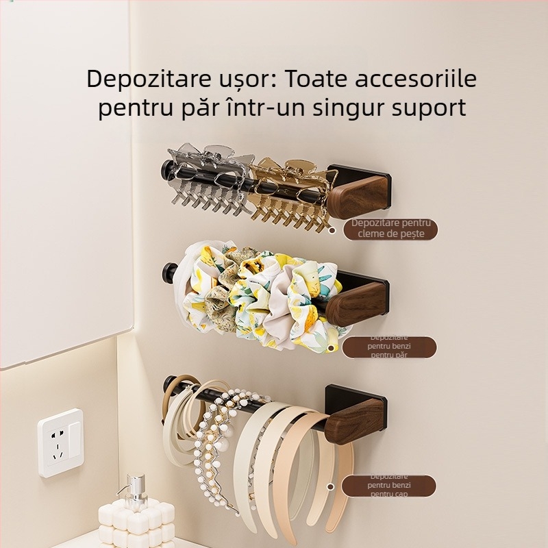 Suport montat pe perete pentru elastice de păr – stand pentru bijuterii din oțel cu lemn, pentru depozitare machiaj și bijuterii