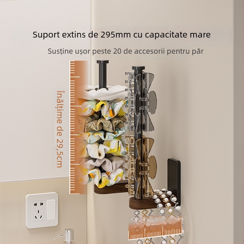 Suport montat pe perete pentru elastice de păr – stand pentru bijuterii din oțel cu lemn, pentru depozitare machiaj și bijuterii