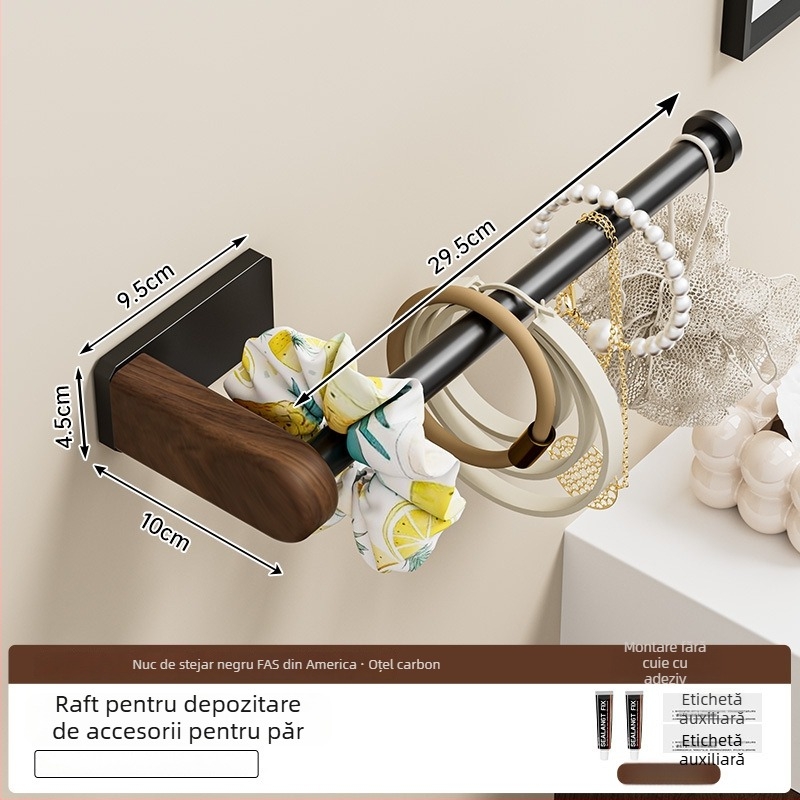 Suport montat pe perete pentru elastice de păr – stand pentru bijuterii din oțel cu lemn, pentru depozitare machiaj și bijuterii