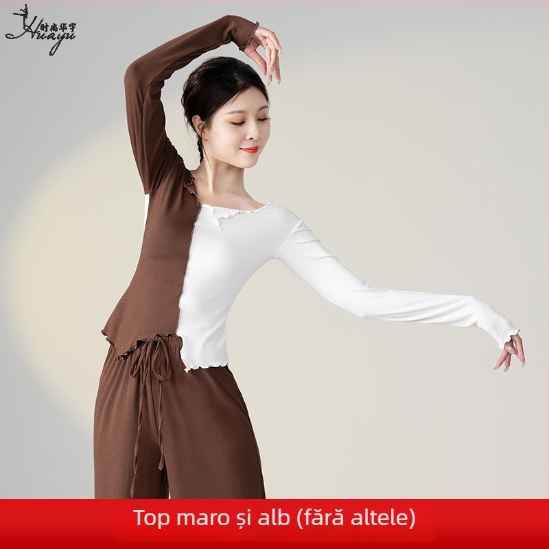 Top de dans feminin pentru antrenament, balet și dans modern, model cu contrast de culori, țesătură modală cu amestec de bumbac și elastan