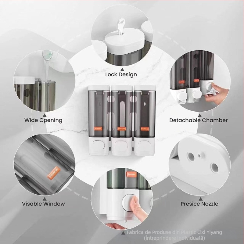 Dispersor de săpun montat pe perete, cu trei duze, acționat prin apăsare manuală, ABS, stil modern minimalist, 230 g