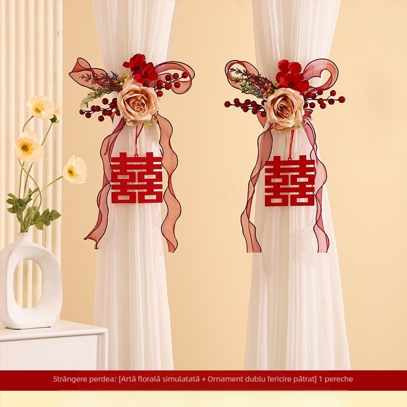 Șnur de perdea de nuntă cu simboluri ale fericirii duble pentru dormitor și sufragerie, material: textil, ambalaj: OPP, marca The Trip, Dimensiuni: vezi detalii