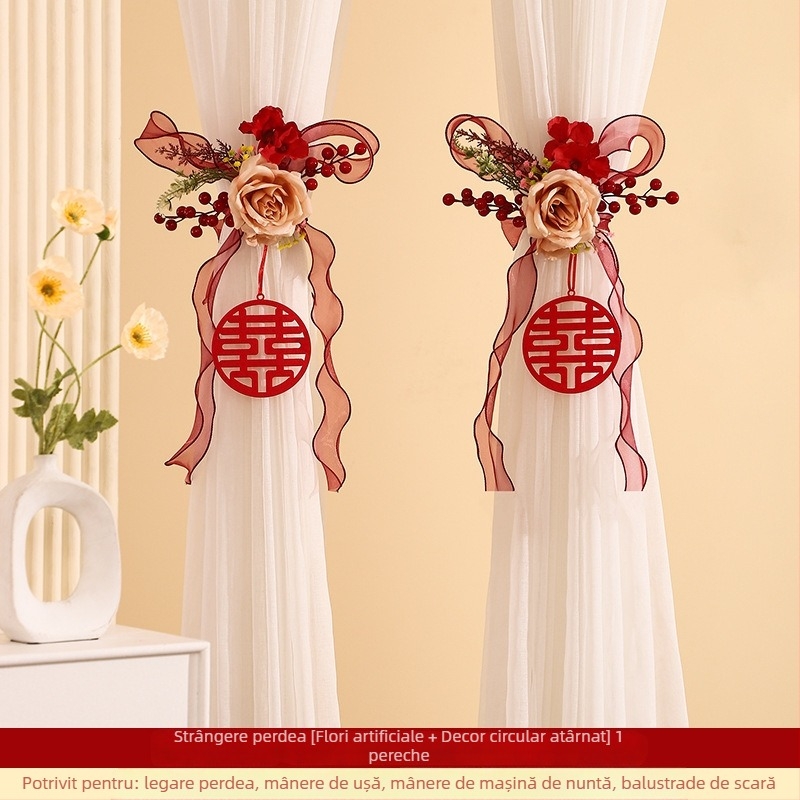 Șnur de perdea de nuntă cu simboluri ale fericirii duble pentru dormitor și sufragerie, material: textil, ambalaj: OPP, marca The Trip, Dimensiuni: vezi detalii