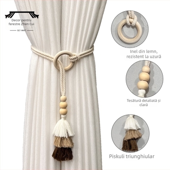 Legături pentru perdea din bumbac și in cu ciucuri - reglabile, șnur împletit, stil boho nordic