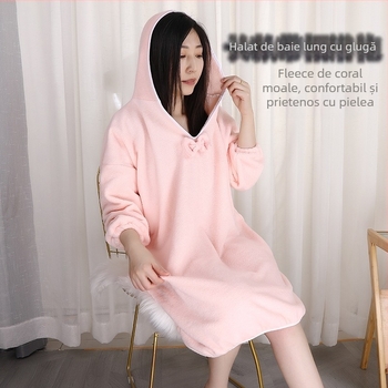 Prosop de baie lung, purtabil ca rochie, din coral fleece, cu glugă, gros, absorbant, uscare rapidă pentru toamnă