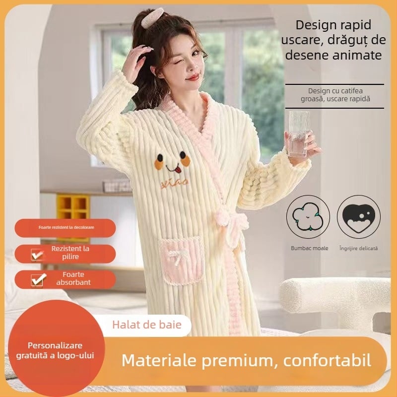 Halat de baie unisex din candy-corduroy, mâneci lungi, iarnă, stil brodat pentru cuplu, 410 g