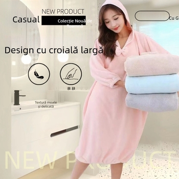 Halat de baie femei iarnă din catifea coral cu glugă, mâneci lungi, 100% poliester, 310 g