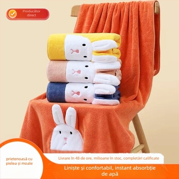 Set de două prosoape de baie cu imprimeu iepuraș: prosoape pentru corp și față, fleece coral, 150D, 350 g, tricot simplu, seria Rabbit, stil drăguț