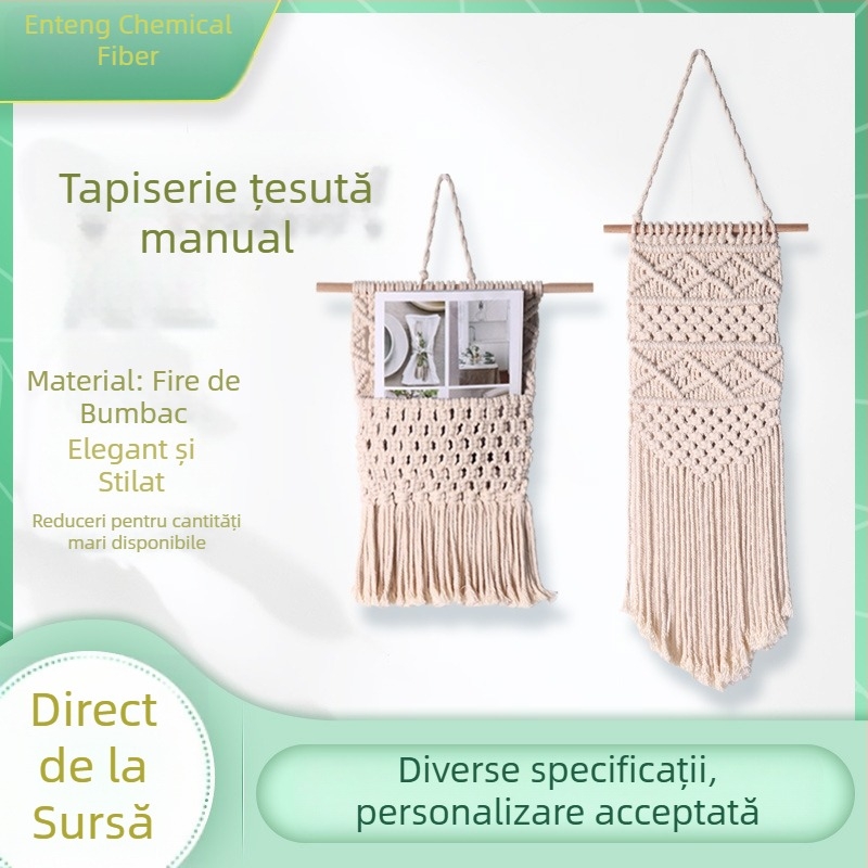 Tapiserie de perete țesută manual din fir de bumbac, cu franjuri, stil boem, decor pentru perete