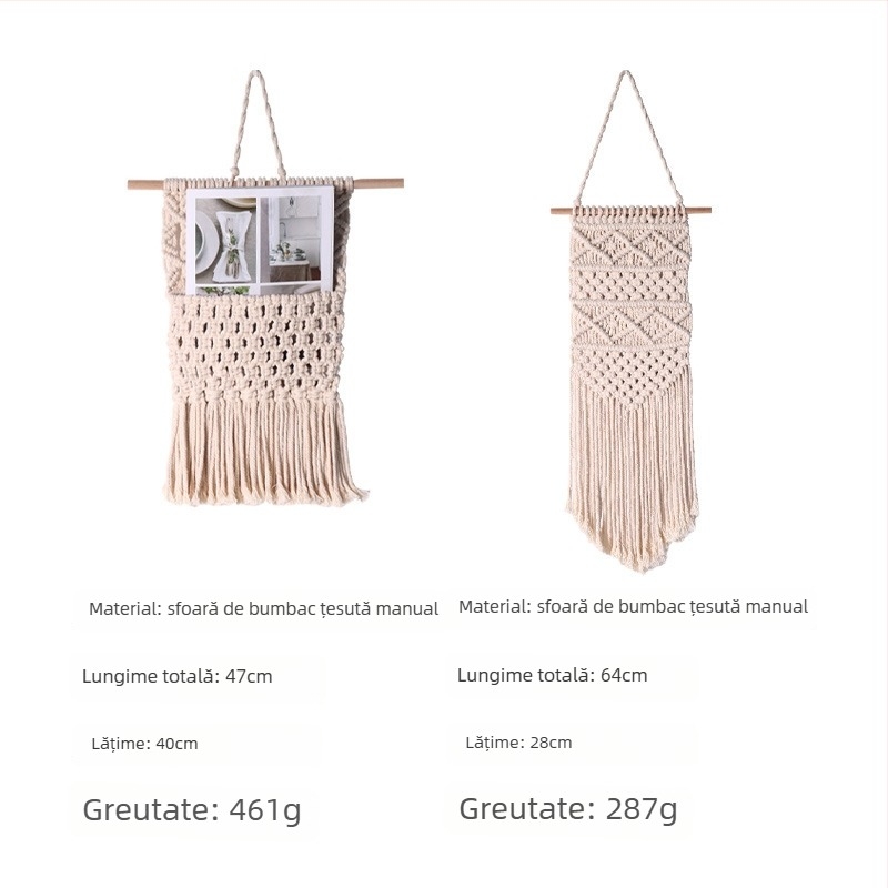 Tapiserie de perete țesută manual din fir de bumbac, cu franjuri, stil boem, decor pentru perete