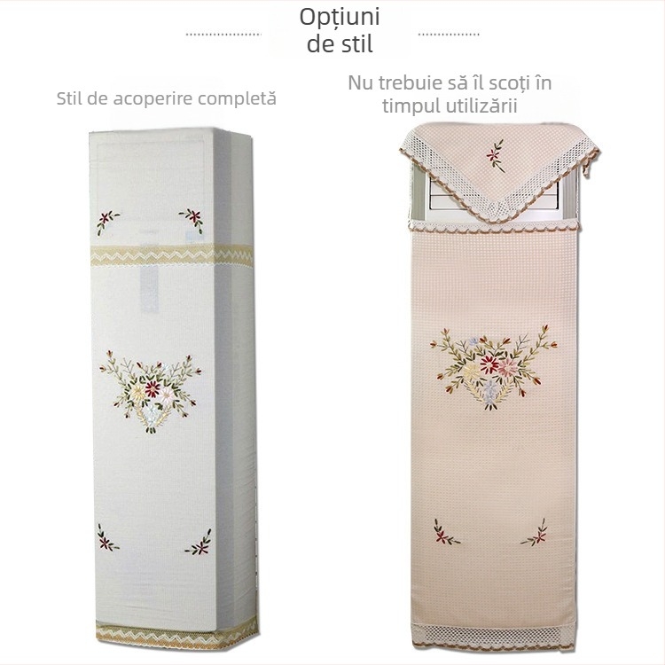 Acoperiș pentru aer condiționat cu broderie de panglică, design vertical, acoperire completă care rămâne pe în timpul pornirii, protecție împotriva prafului în interior; Material: poliester-cotton; Țesătură: 100% poliester; Dantelă: 50% bumbac, 50% poliest