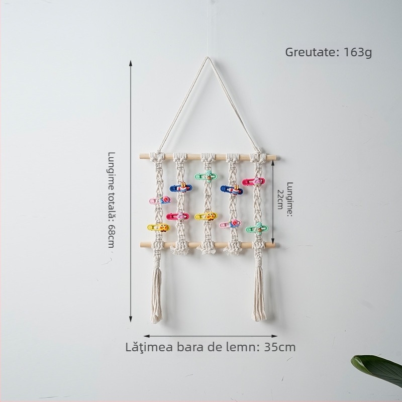 Suport depozitare împletit din sfoară de bumbac, boem, pentru accesorii pentru păr copii, tapiserie lucrată manual, formă dreptunghiulară, potrivit pentru baie, balcon și camera copiilor
