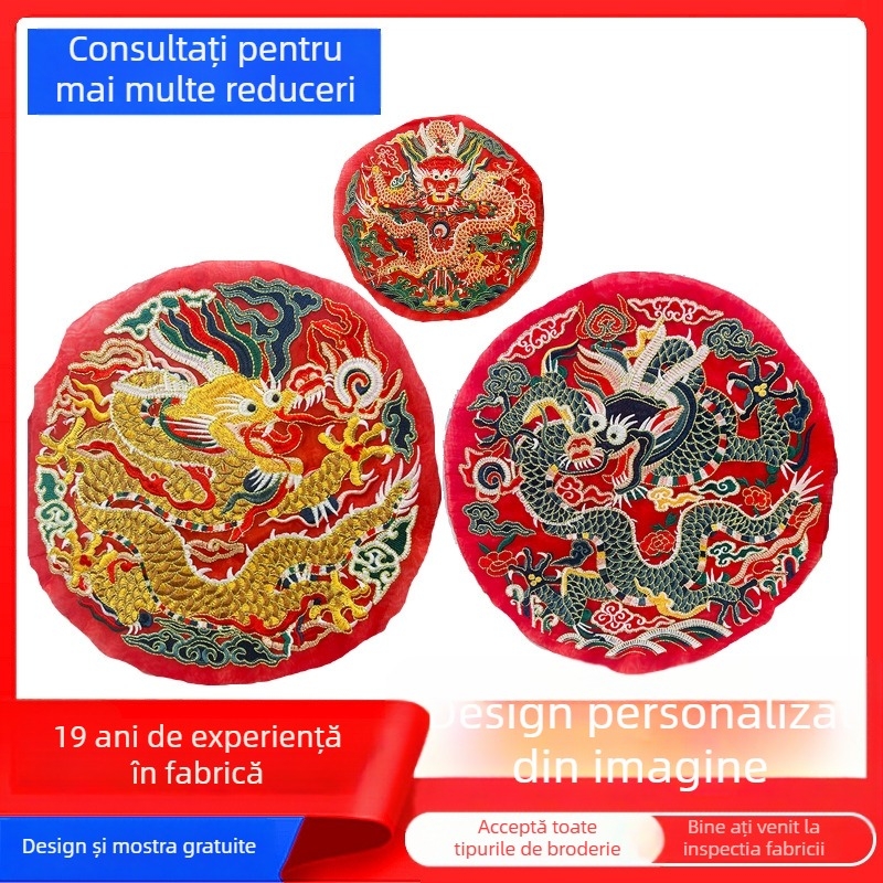 Patch brodat din pânză cu dragon circular în stil chinezesc, fir de broderie, suport de broderie solubil în apă