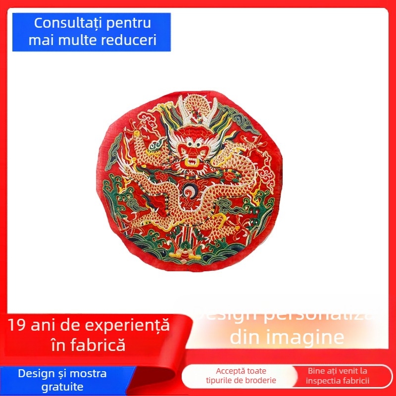 Patch brodat din pânză cu dragon circular în stil chinezesc, fir de broderie, suport de broderie solubil în apă