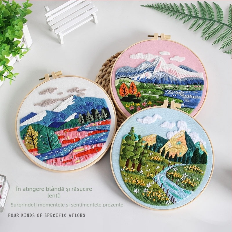 Kit DIY broderie peisaj cu bumbac și set de ace și ață