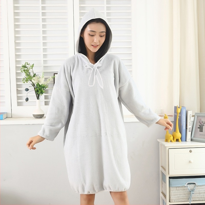 Halat de baie cu glugă, velur coral, mâneci lungi, model de iarnă pentru femei