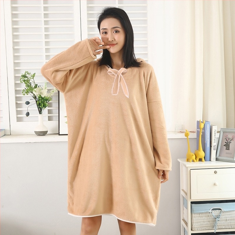 Halat de baie cu glugă, velur coral, mâneci lungi, model de iarnă pentru femei