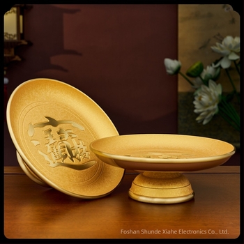 Platou de fructe din alamă cu picioare înalte pentru ofrande, suprafață gravată, stil chinezesc, marca Hongtai