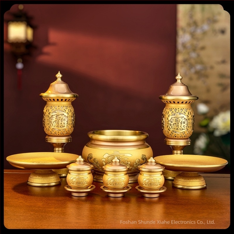 Platou de fructe din alamă cu picioare înalte pentru ofrande, suprafață gravată, stil chinezesc, marca Hongtai