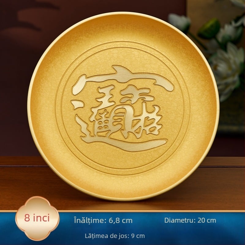 Platou de fructe din alamă cu picioare înalte pentru ofrande, suprafață gravată, stil chinezesc, marca Hongtai