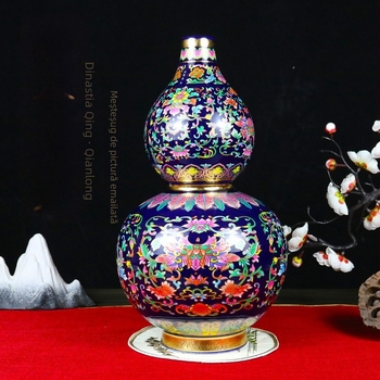 Vază ceramică cu glazură emailată și detalii din sârmă aurie, în formă de dovleac, stil chinezesc pentru decorul casei