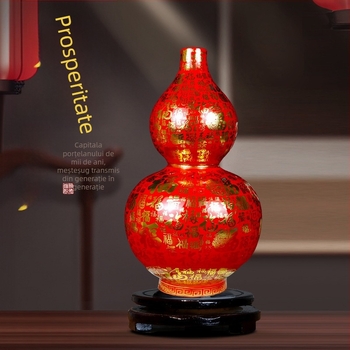 Vază ceramică cu glazură emailată și detalii din sârmă aurie, în formă de dovleac, stil chinezesc pentru decorul casei