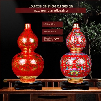 Vază ceramică cu glazură emailată și detalii din sârmă aurie, în formă de dovleac, stil chinezesc pentru decorul casei