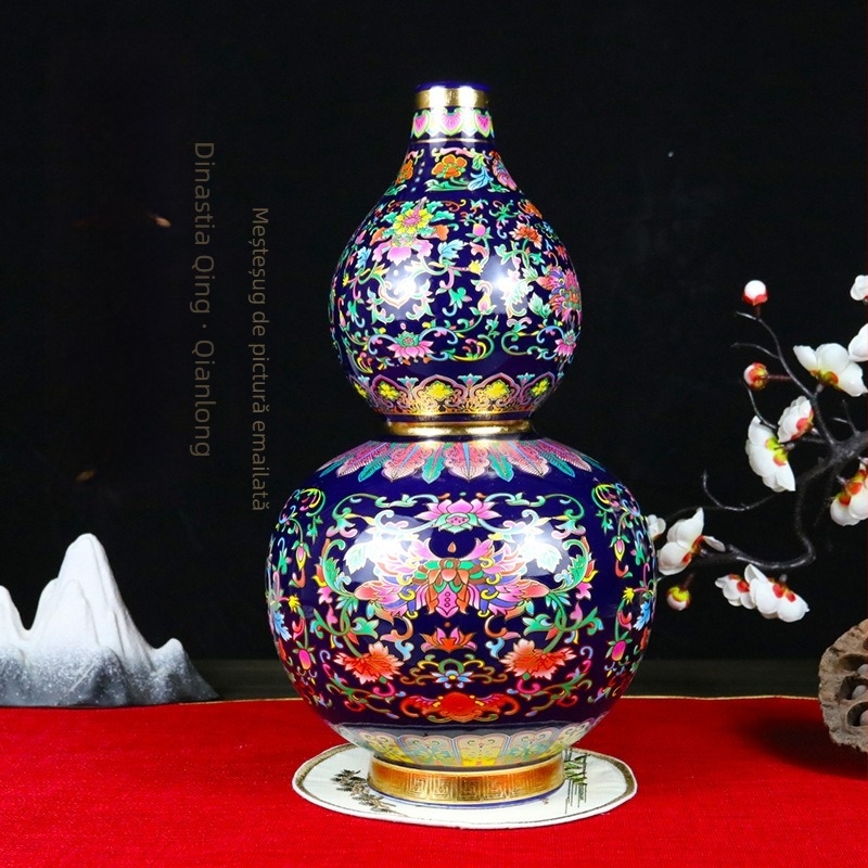 Vază ceramică cu glazură emailată și detalii din sârmă aurie, în formă de dovleac, stil chinezesc pentru decorul casei