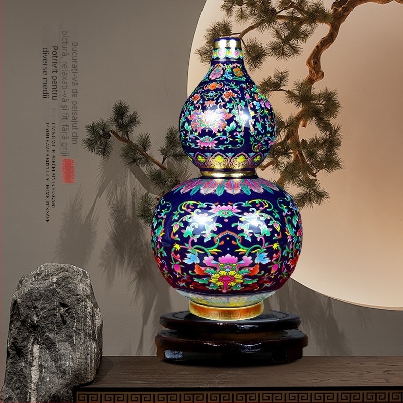 Vază ceramică cu glazură emailată și detalii din sârmă aurie, în formă de dovleac, stil chinezesc pentru decorul casei