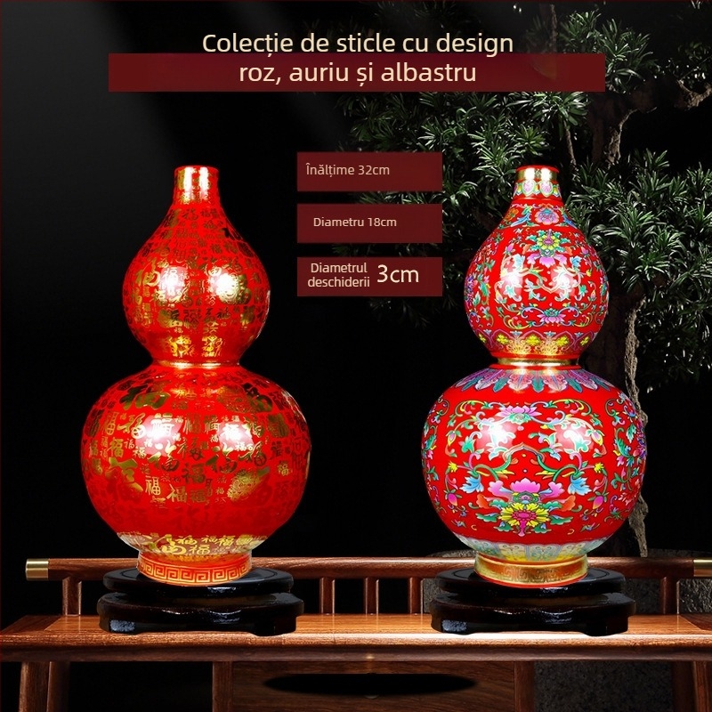 Vază ceramică cu glazură emailată și detalii din sârmă aurie, în formă de dovleac, stil chinezesc pentru decorul casei
