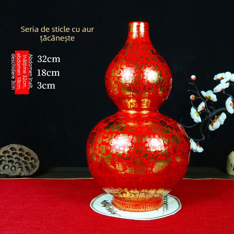 Vază ceramică cu glazură emailată și detalii din sârmă aurie, în formă de dovleac, stil chinezesc pentru decorul casei