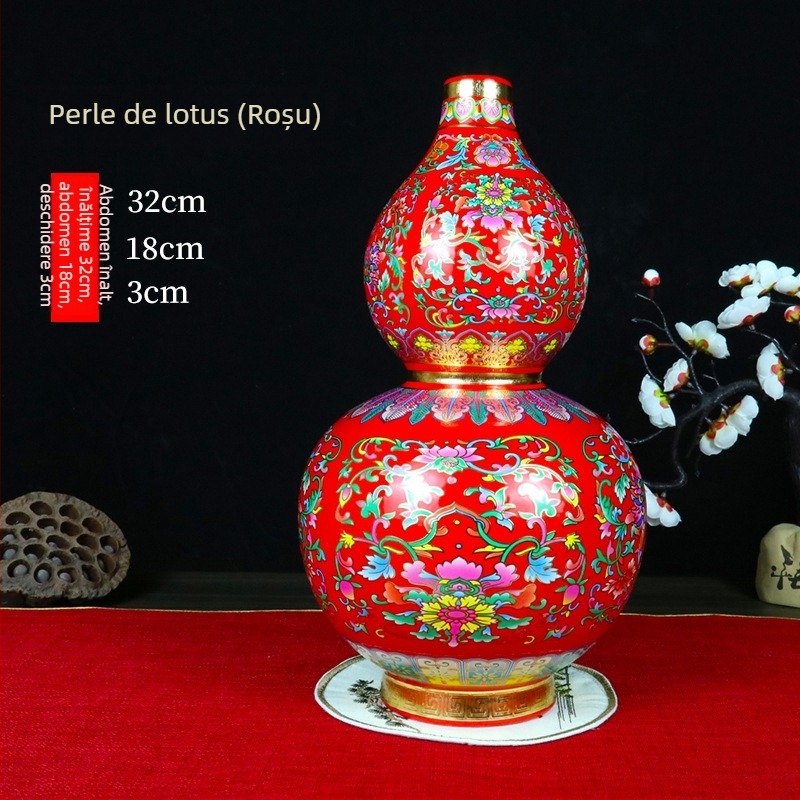 Vază ceramică cu glazură emailată și detalii din sârmă aurie, în formă de dovleac, stil chinezesc pentru decorul casei