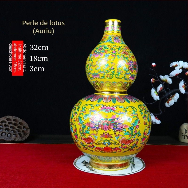 Vază ceramică cu glazură emailată și detalii din sârmă aurie, în formă de dovleac, stil chinezesc pentru decorul casei