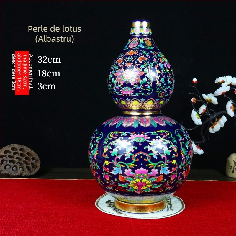 Vază ceramică cu glazură emailată și detalii din sârmă aurie, în formă de dovleac, stil chinezesc pentru decorul casei