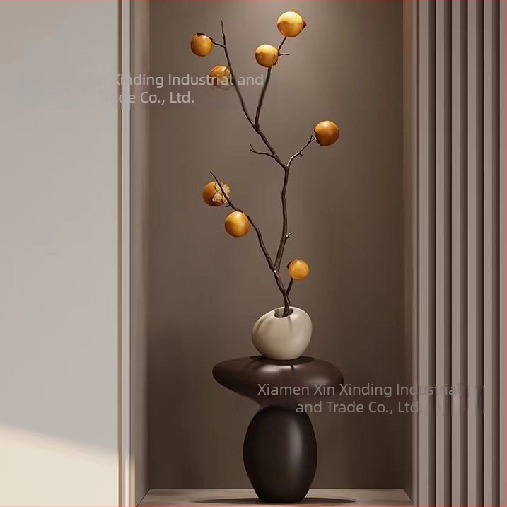 Vază decorativă din rășină pentru hol, plantă artificială; lucrată manual și pictată; turnare prin injecție; stil Nou Chinezesc; potrivită pentru decorul sufrageriei cu mobilier TV.