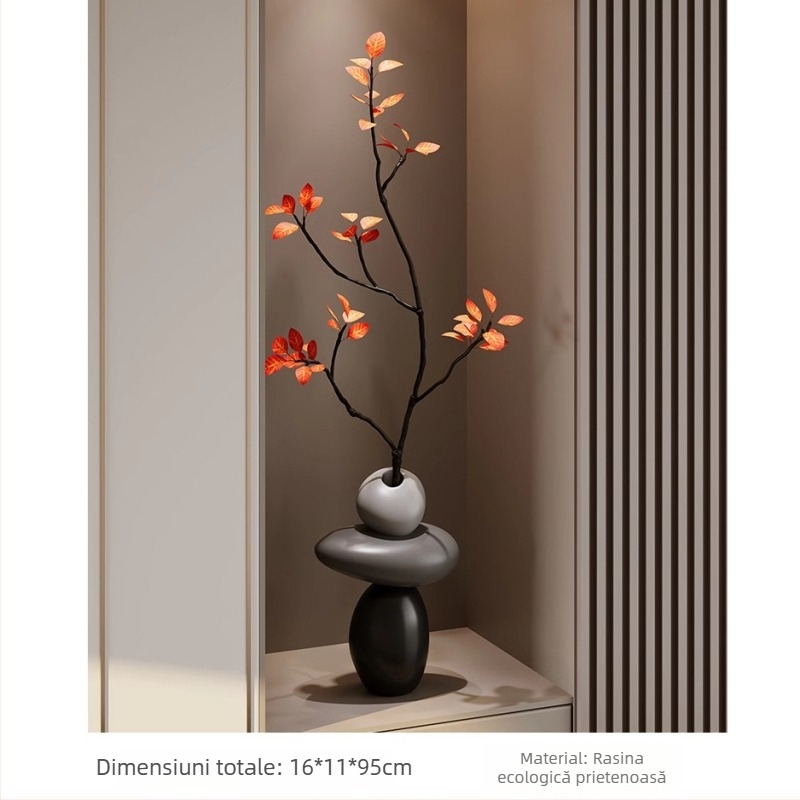 Vază decorativă din rășină pentru hol, plantă artificială; lucrată manual și pictată; turnare prin injecție; stil Nou Chinezesc; potrivită pentru decorul sufrageriei cu mobilier TV.